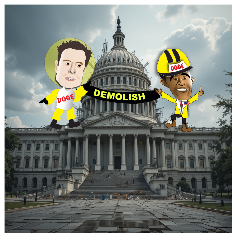 Cartoon figures labeled “DODE” and “ODE” with “DEMOLISH” over the U.S. Capitol building.
