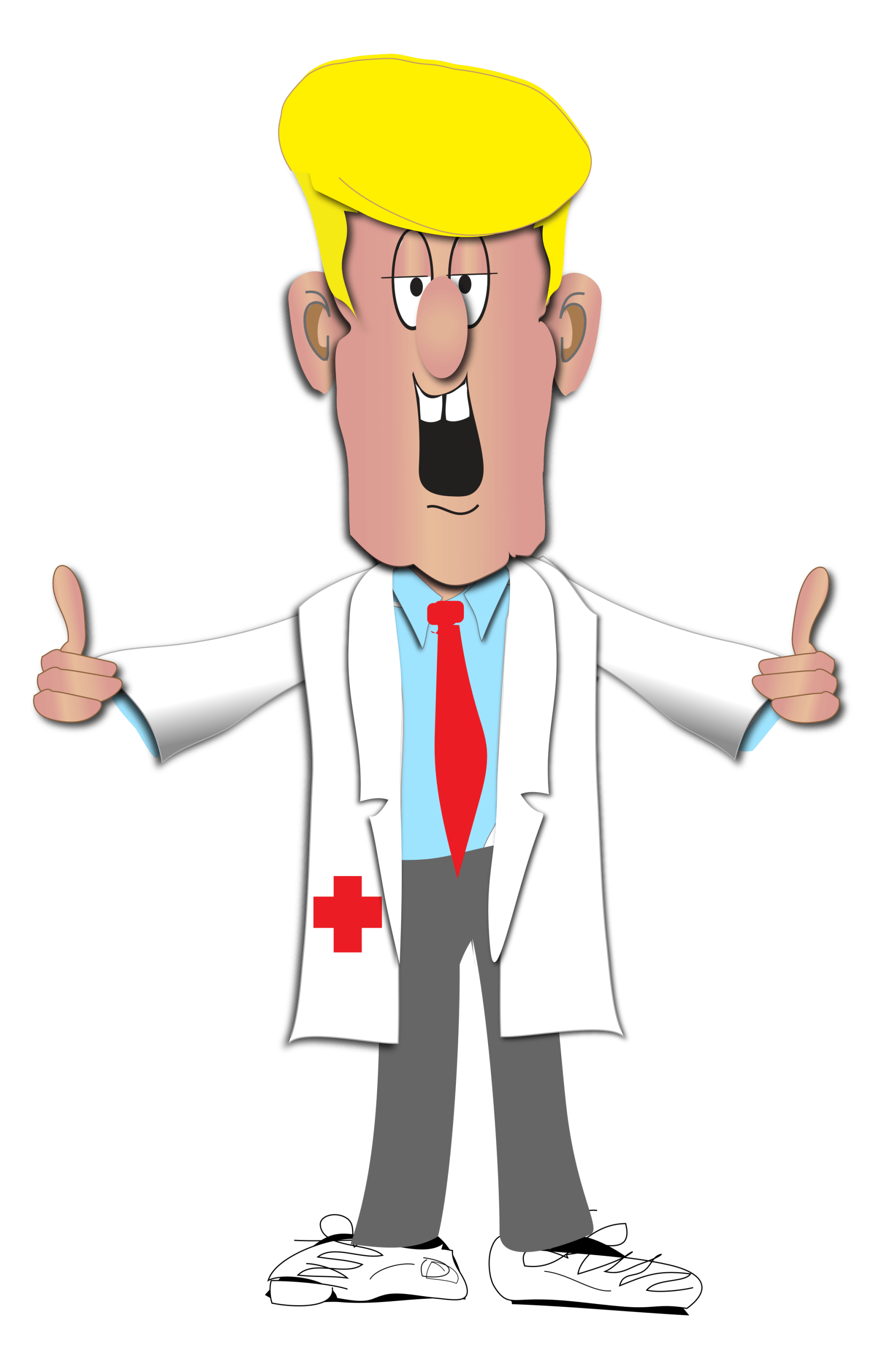 Cartoon doctor in white coat with red cross, blond hair, arms outstretched and smiling.