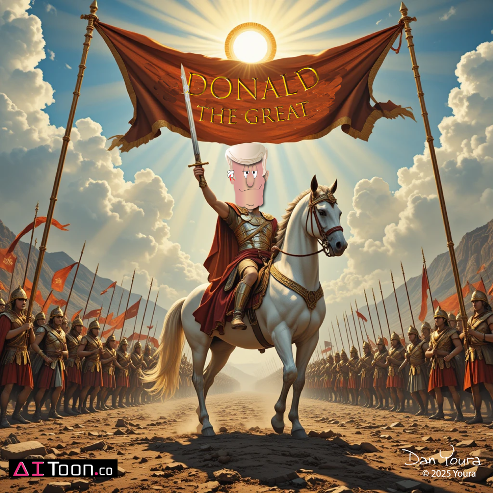 Donald Trump as a crowned warrior on horseback, holding a banner in a sunlit battlefield procession