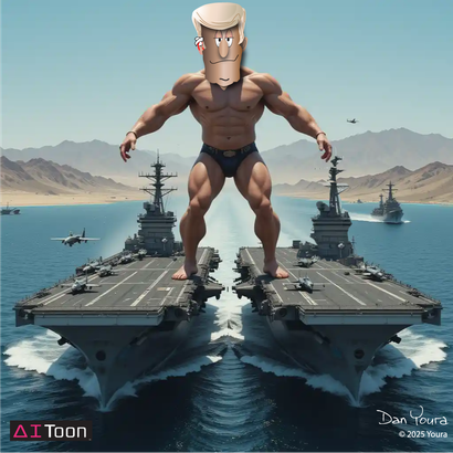 Colossal muscular titan standing between two aircraft carriers in a calm blue ocean