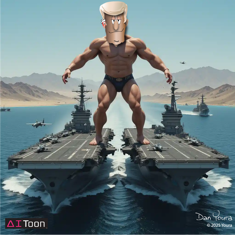 Giant cartoon titan stands between two aircraft carriers in a bright ocean battle scene.