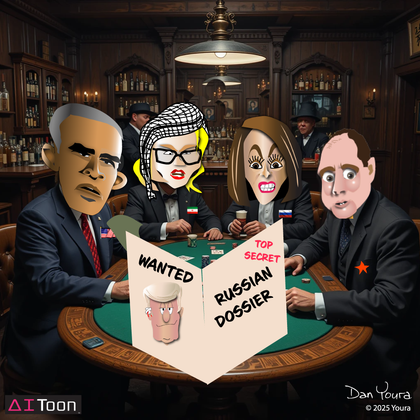 Cartoon of four figures playing poker around a table with “Wanted,” “Top Secret,” and “Russian Dossier” papers.