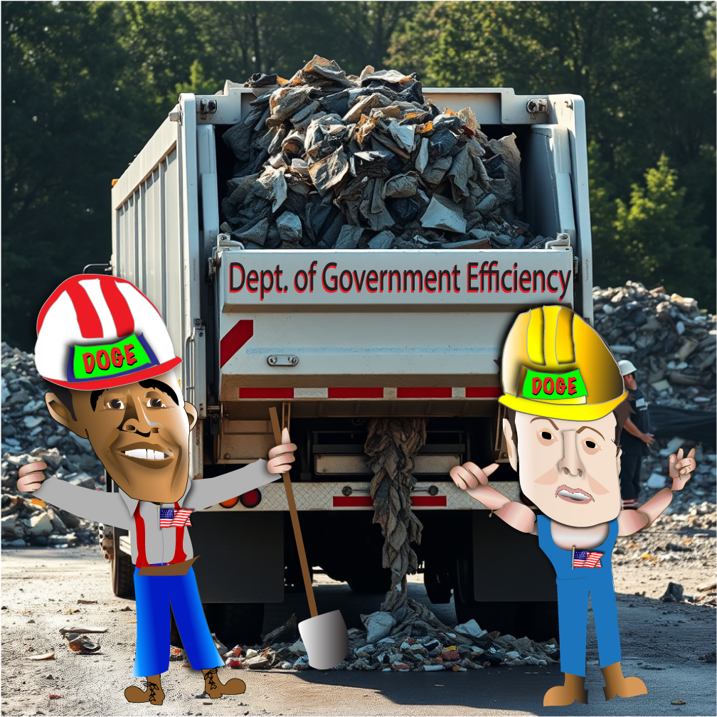 Cartoon workers in hard hats stand by a dumpster truck labeled “Dept. of Government Efficiency” piled with debris.
