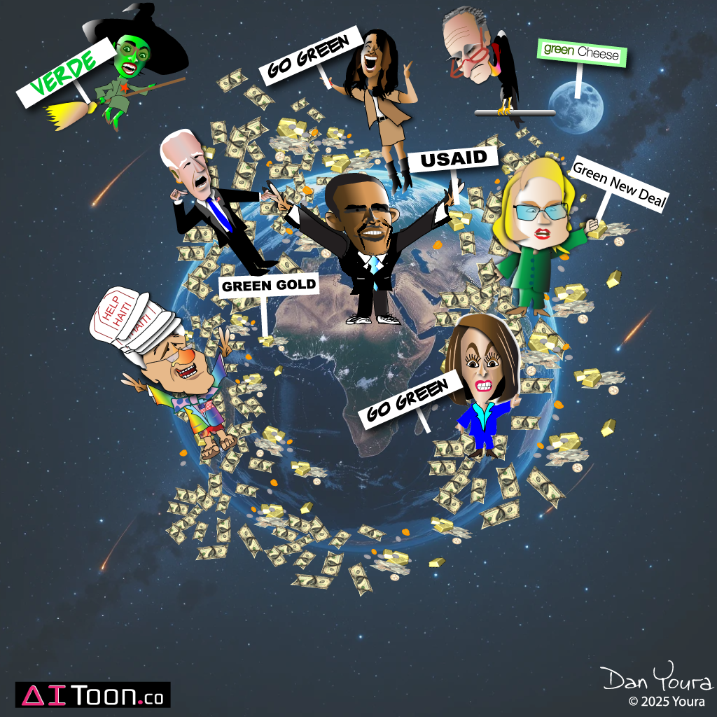 Cartoon of politicians and USAID money circling a globe, with labels and dollar bills flying around.