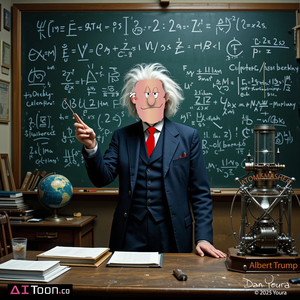 Professor in a suit stands at a chalkboard filled with equations in a science classroom