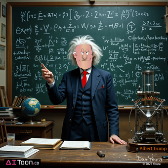 Professor in a suit stands at a chalkboard filled with equations in a science classroom