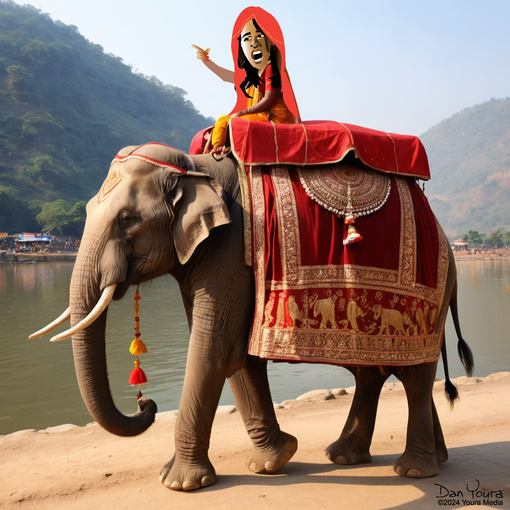 Woman riding an elephant draped in red fabric beside a river with misty hills