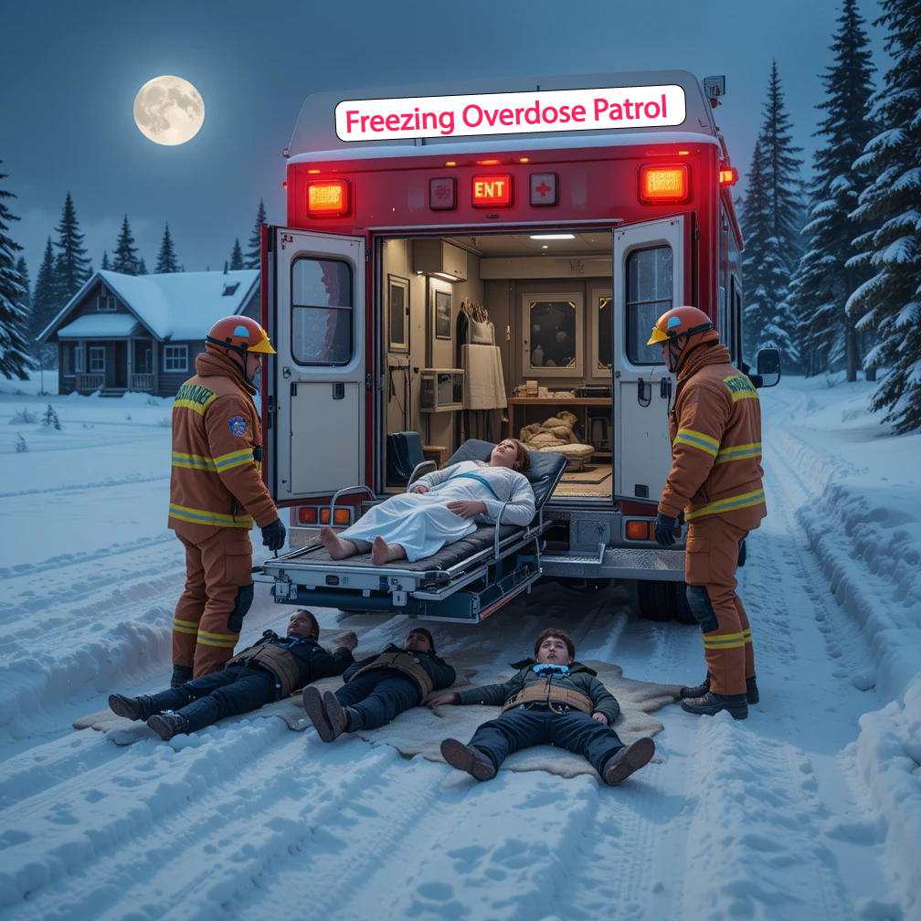 Paramedics load a patient into an ambulance in a snowy scene with two people on stretchers and moonlight.