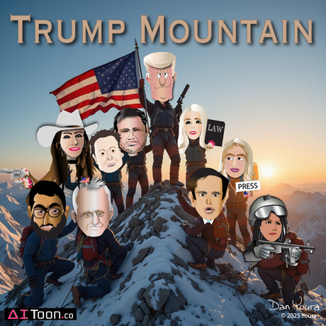 Cartoon Trump atop snowy mountain with US flag and caricatured figures, titled “Trump Mountain”