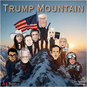 Cartoon of politicians and media figures climbing a snowy mountain labeled “TRUMP MOUNTAIN” under a U.S. flag