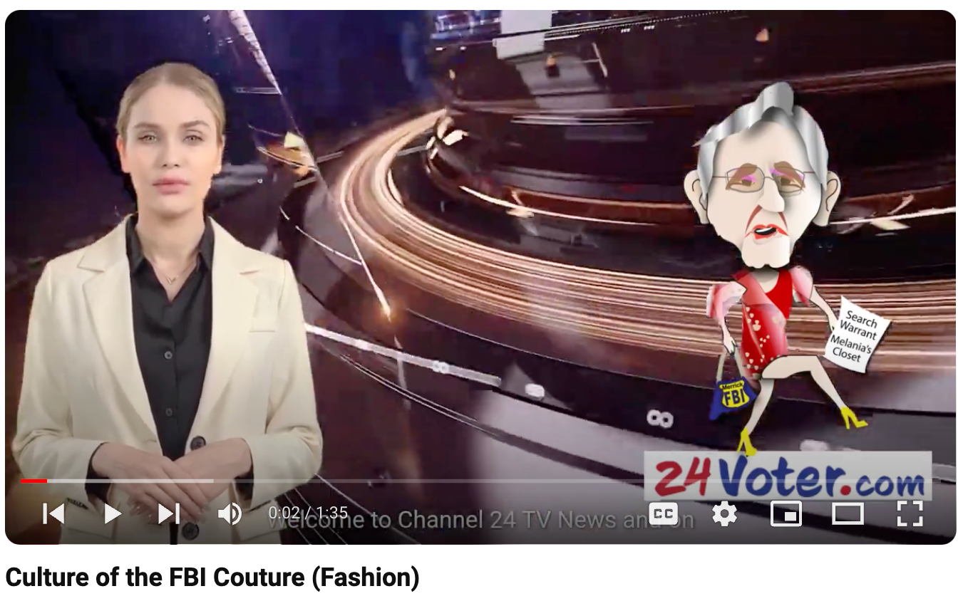Woman anchor beside cartoon figure in studio, with “24” logo and “Culture of the FBI Couture (Fashion)” text.