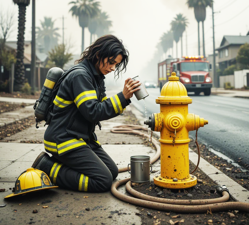 Firefighter kneeling by a yellow hydrant, checking equipment beside a smoke-filled street.