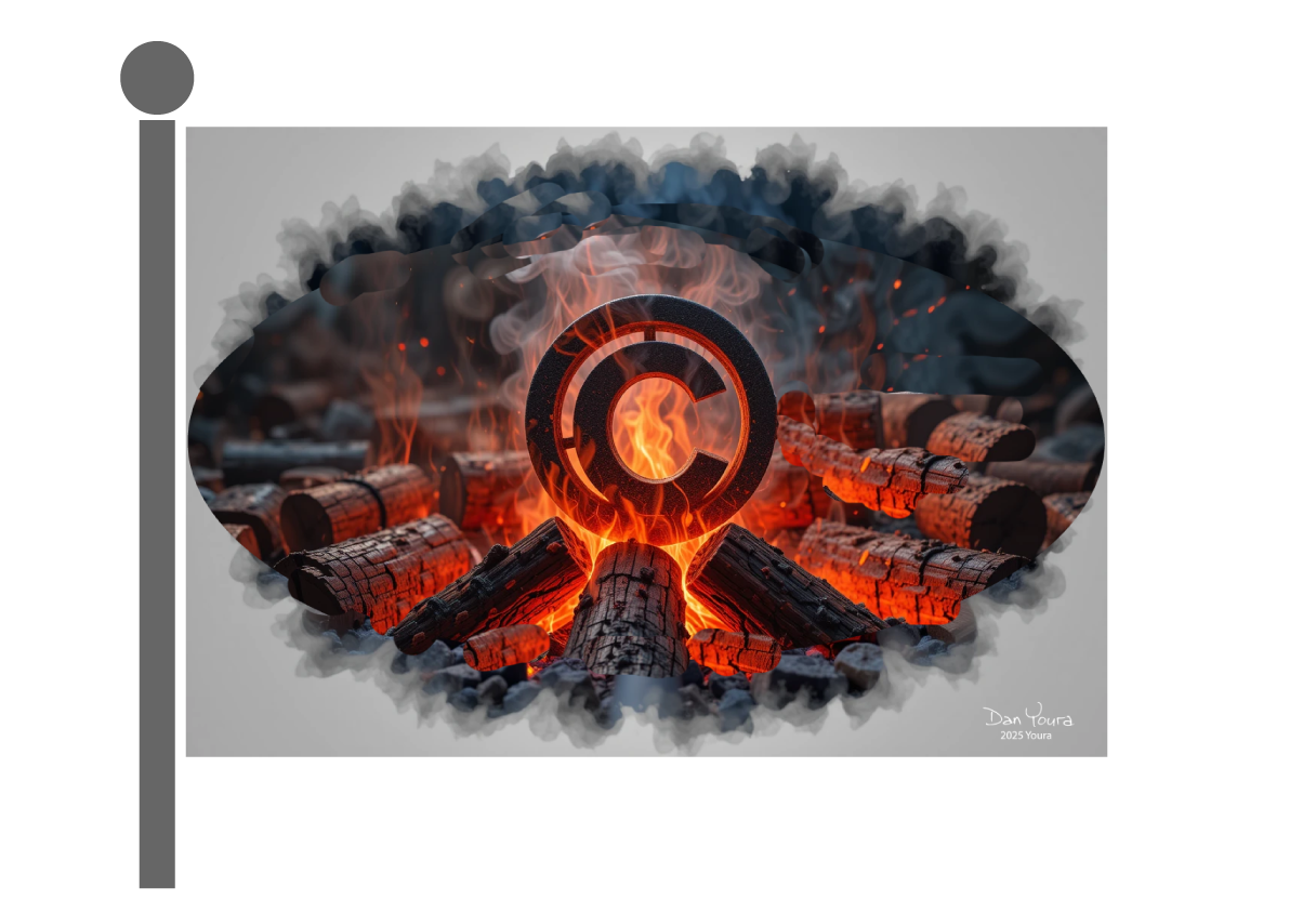 Dark round fire pit with glowing coals and logs arranged around a central ring in a gray setting