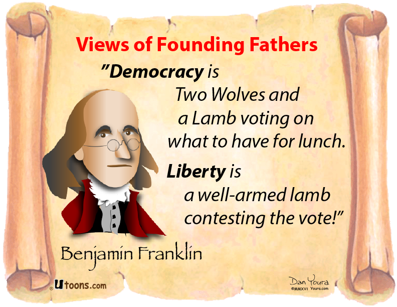 Benjamin Franklin cartoon with “Views of Founding Fathers” quote on democracy and liberty.