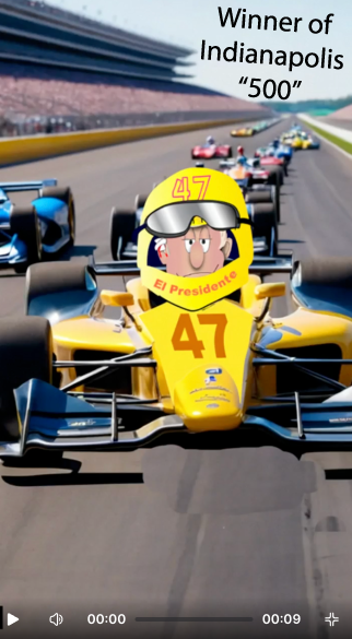 Yellow Indy 500 race car #47 speeding on track, with “Winner of Indianapolis 500” text above.