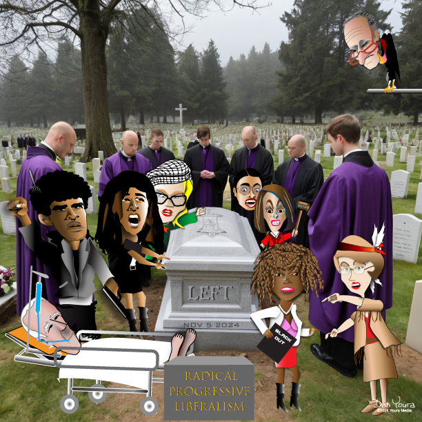 People in purple gather around a gravestone in a cemetery, with a white coffin and a wheelchair nearby.