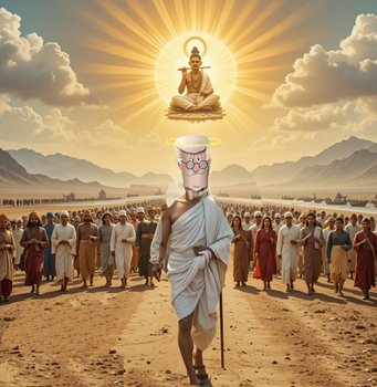 A robed figure walks toward a crowd under a glowing golden halo, with a meditating figure above.