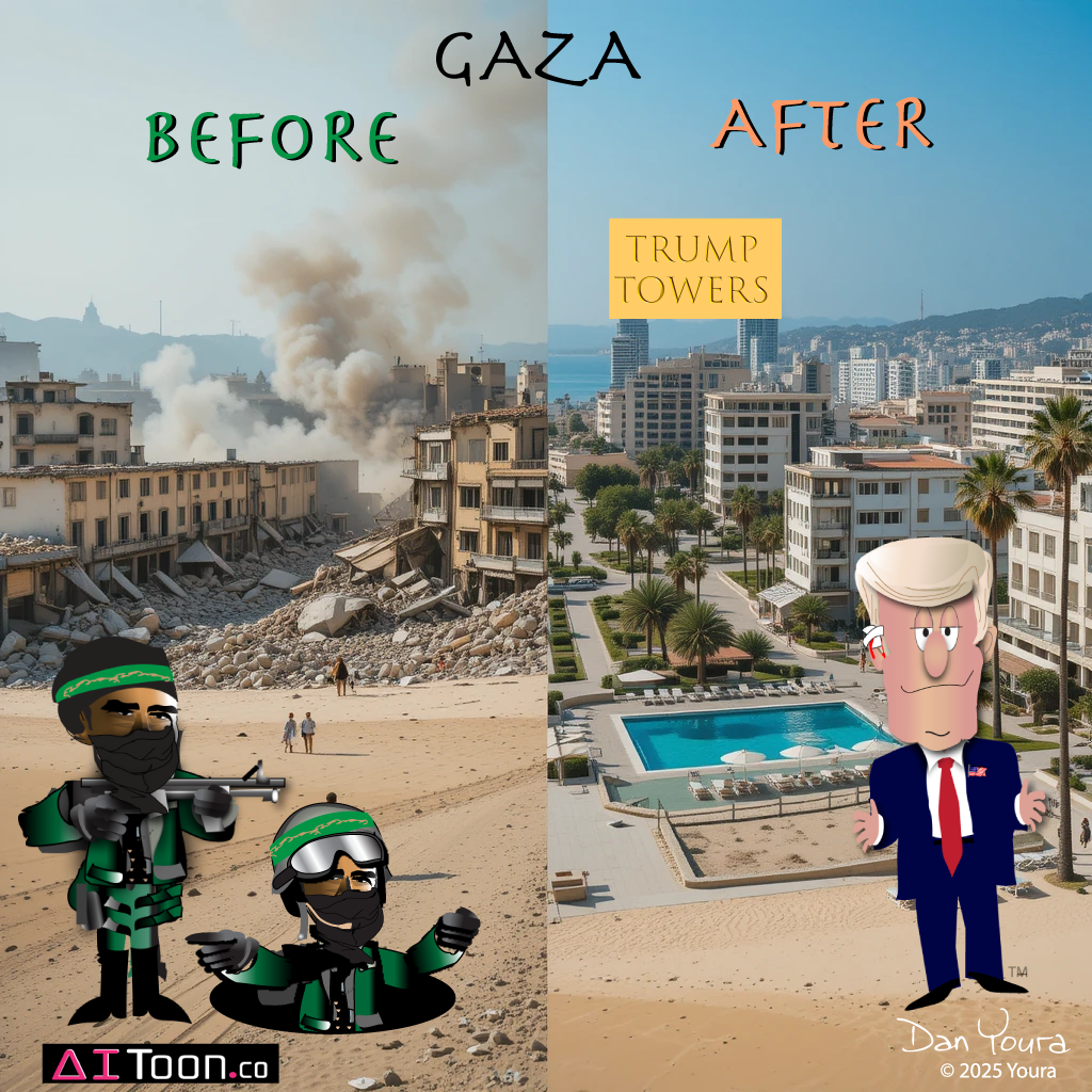 Gazans ruins and smoke beside Trump Towers and cartoon soldiers labeled before/after of Gaza.