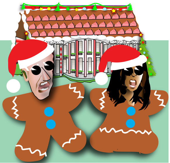 Two Santa-hat gingerbread figures in front of a decorated house, with faces and sunglasses.