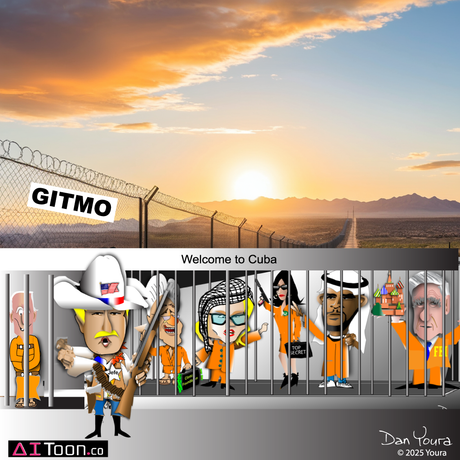 Cartoon of detainees behind bars labeled “Welcome to Cuba” at sunset, with a guard and barbed wire fence
