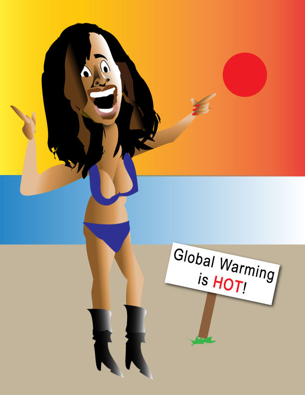 Cartoon activist in blue bikini points at a red sun with a sign reading “Global Warming is HOT!”