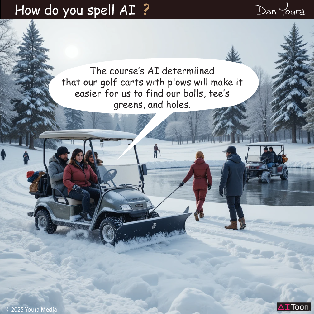 Snowy golf cart scene with an AI speech bubble promoting easier course maintenance.