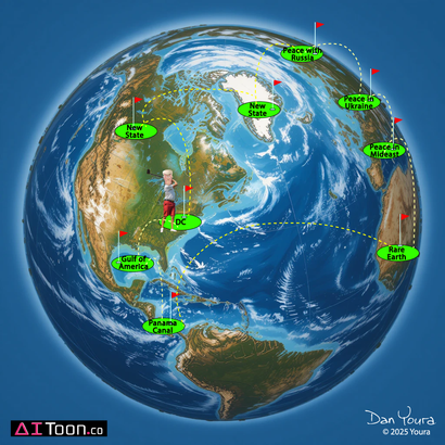 Cartoon Earth with green markers and dotted routes around the globe, showing a travel/network map