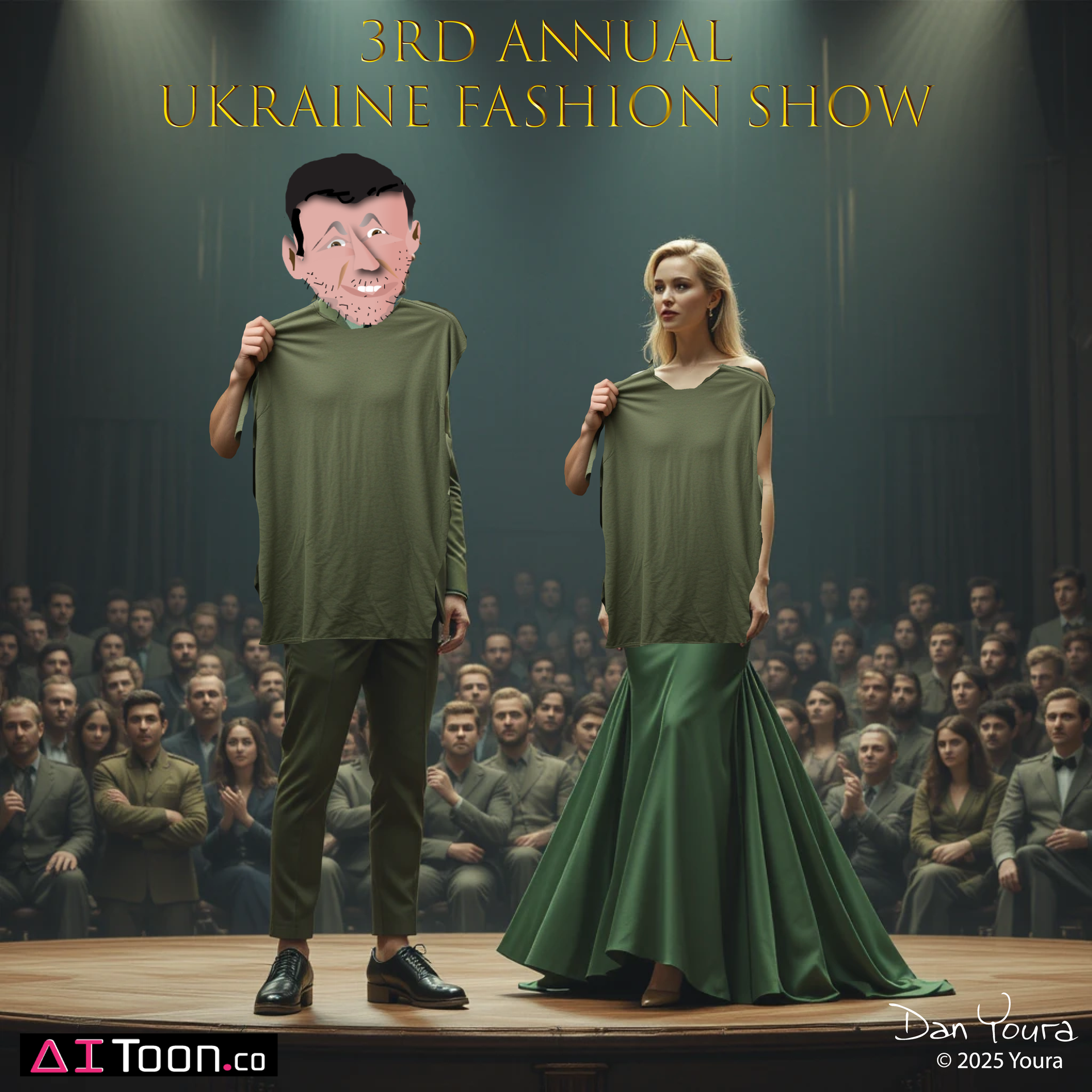 Fashion show stage with two models holding oversized green shirts, one with a cartoon face, and a seated crowd behind them.