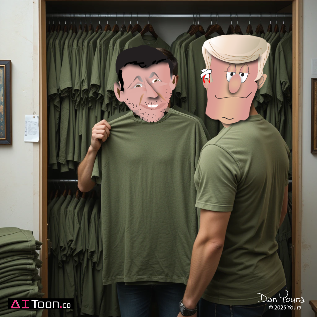 Two men in a clothing store hold up a green T-shirt, wearing exaggerated cartoon-style faces.