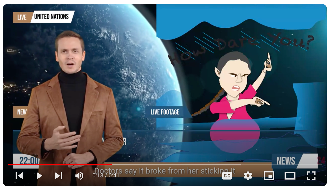 News anchor beside Earth graphic and an illustration of a person in a pink shirt, on a TV news screen