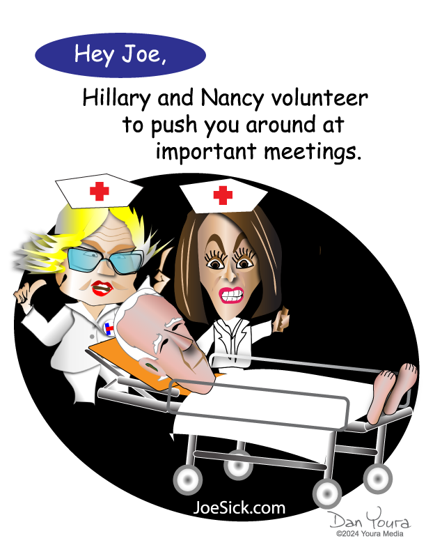 Cartoon of two nurses in white uniforms pushing a man in a wheelchair; speech bubble says, “Hey Joe,” and text mentions meetings.