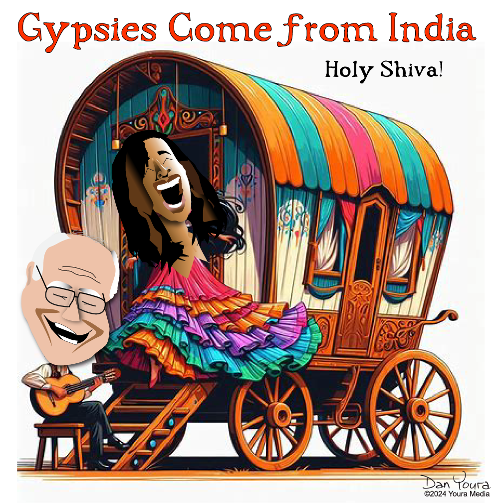 Cartoon of a colorful wagon labeled “Gypsies Come from India” with a laughing figure and “Holy Shiva!” text.