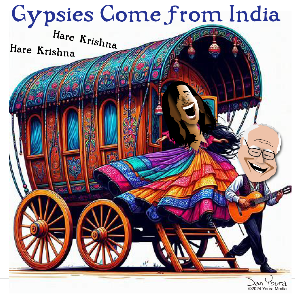 Cartoon of a decorated horse-drawn gypsy caravan with a laughing singer and guitarist, titled “Gypsies Come from India”