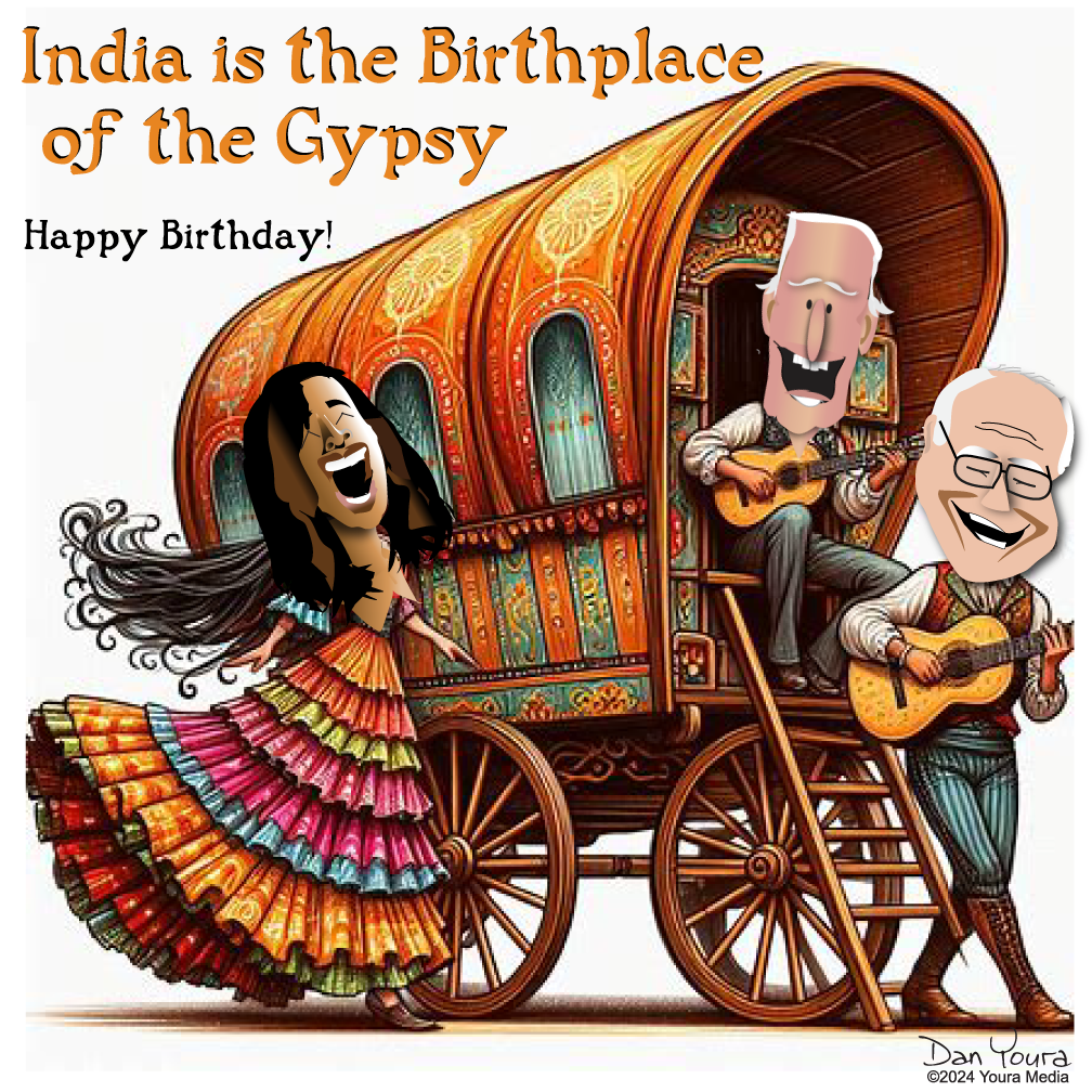 Cartoon birthday card with a colorful gypsy wagon, musicians, and the text “India is the Birthplace of the Gypsy”