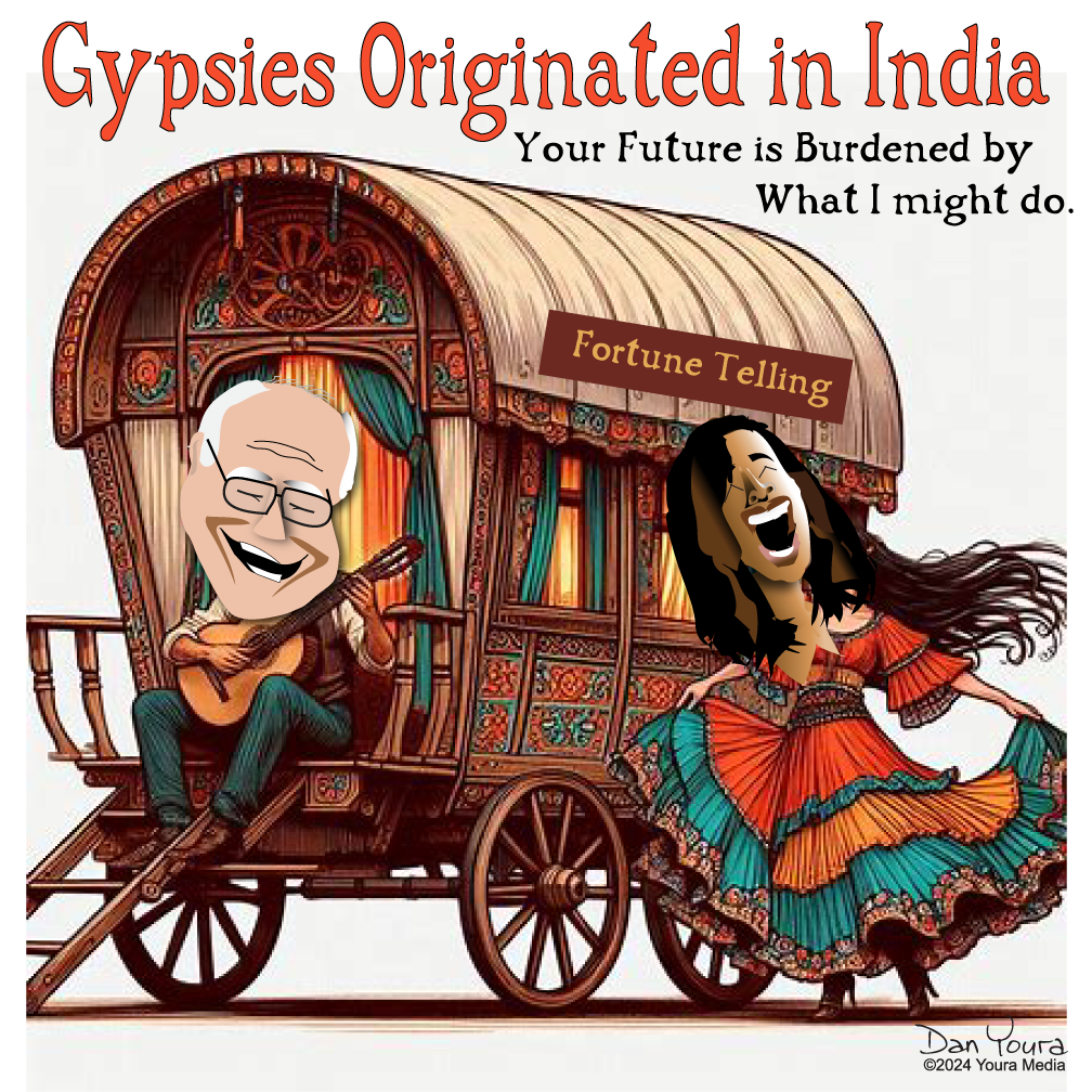Cartoon of a fortune-telling cart with two smiling caricatures and the text “Gypsies Originated in India.”