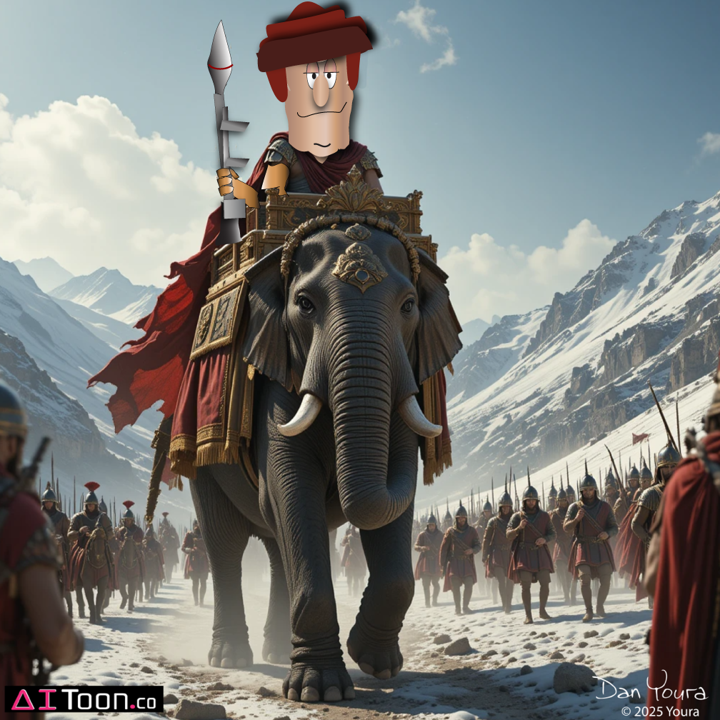 Cartoon rider on an elephant leads a snowy mountain procession with soldiers behind.