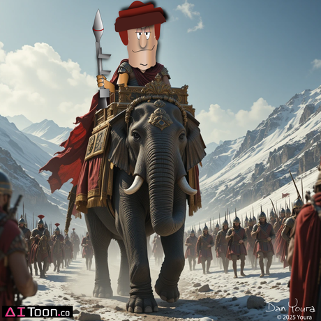 Cartoon rider on an elephant leads a snowy mountain procession with soldiers behind.