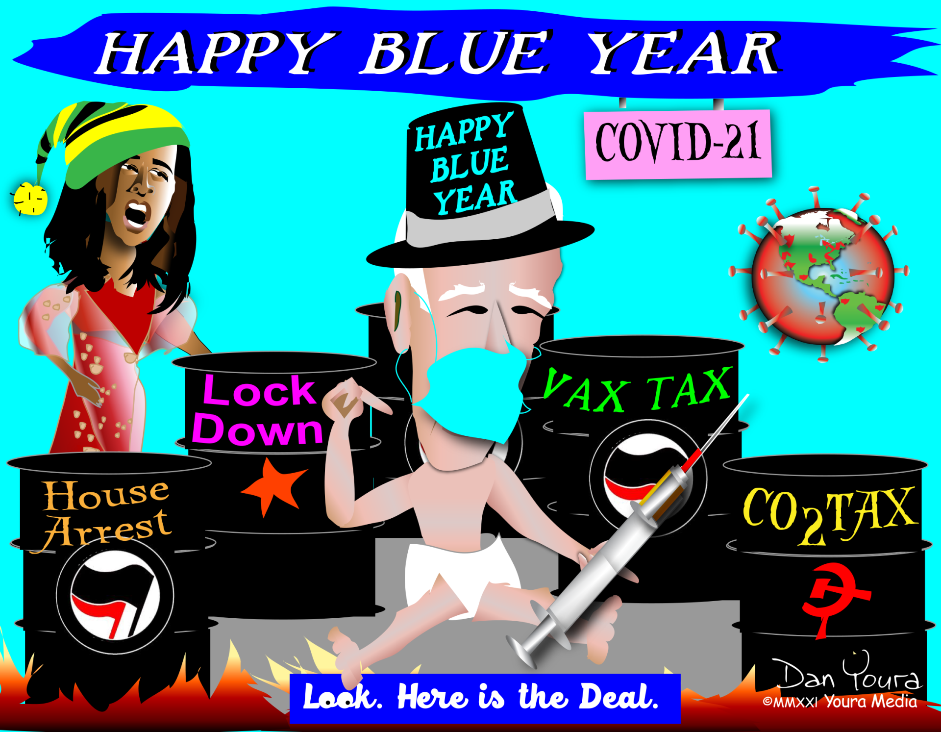 Cartoon protest scene on blue background with signs reading “Happy Blue Year,” “COVID-21,” “Lock Down,” and “Vax Tax”