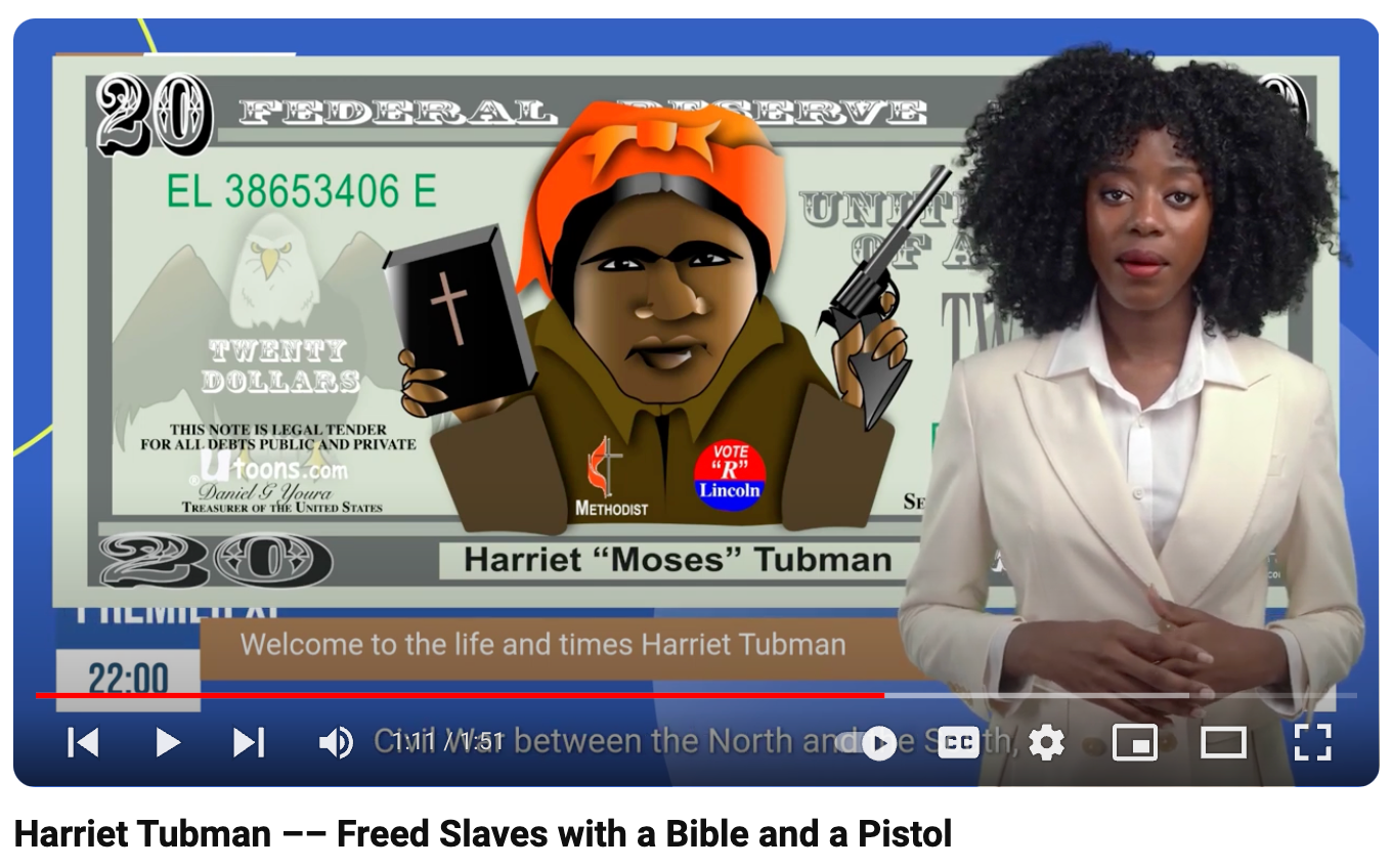 Digital collage of Harriet Tubman with a Bible and pistol, alongside a presenter and YouTube-style interface.
