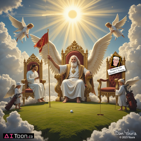 Satirical king on golden throne with angels, flags, and court scene under a bright sun.