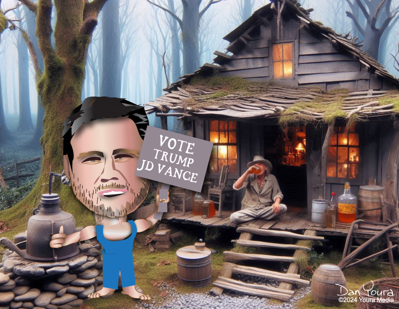 Cartoon of a man holding a “Vote Trump Vance” sign outside a rustic cabin in a foggy forest.