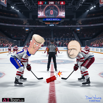 Two hockey players face off on ice, one in red-white-blue, one in red-white, with a referee and scoreboard behind.