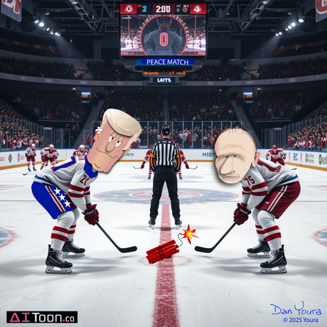 Cartoon hockey faceoff with two caricatured players and a bomb on the center line in a packed arena