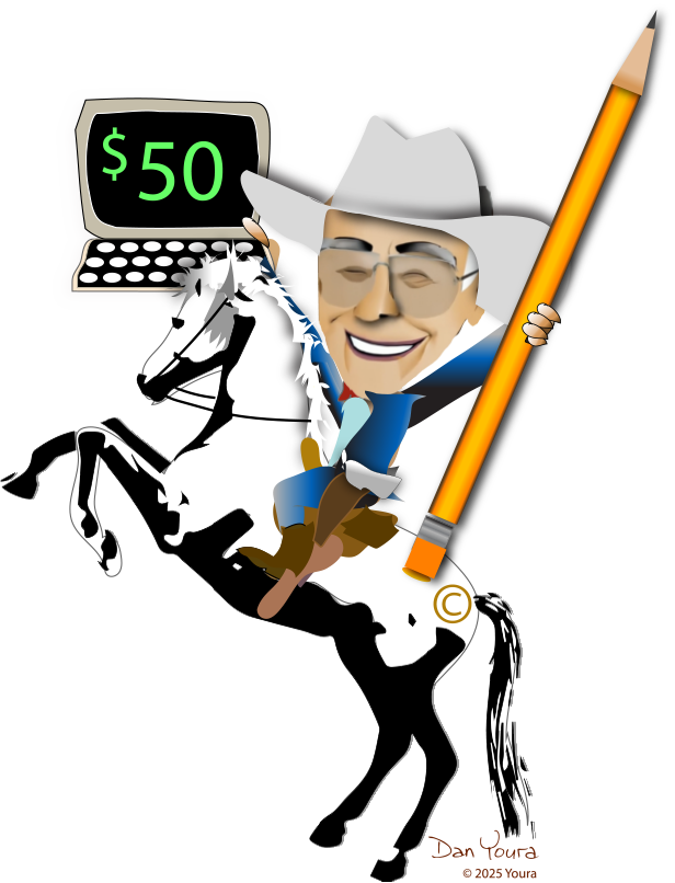 Cowboy on a black horse holding a yellow pencil, with a $50 screen in the background.