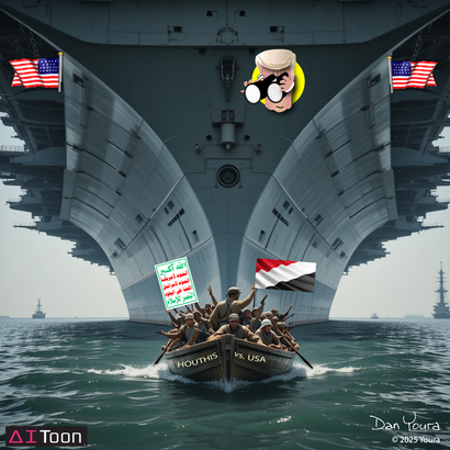 Small boat under a massive warship, with flags and a cartoon figure hovering above the ship.