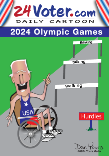 Cartoon of a USA Paralympic hurdler in a wheelchair climbing steps labeled walking, talking, thinking