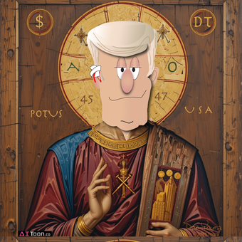 Cartoon portrait of a stern saint-like figure in robes before a golden halo, with symbols and numbers on a wooden background