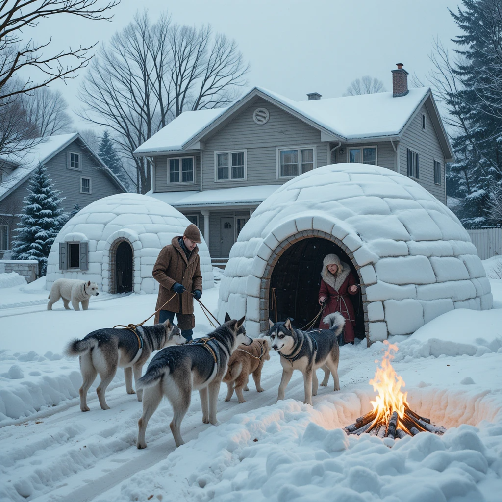 Snowy yard with two igloos, husky dogs, a person, and a small campfire in front of a house.