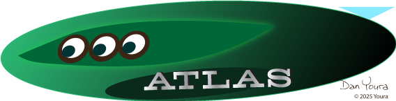 Green oval ATLAS logo with three eyes and a small signature on white background