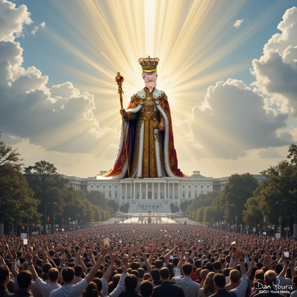 Giant crowned figure on a Capitol-like building, bathed in sunbeams, overlooking a cheering crowd.